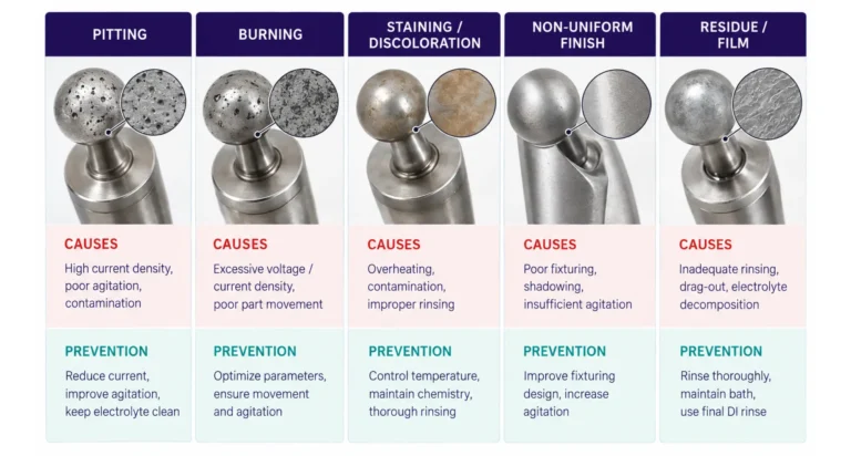 Table of common electropolishing defects such as pitting, streaking and orange peel with their process-fault causes