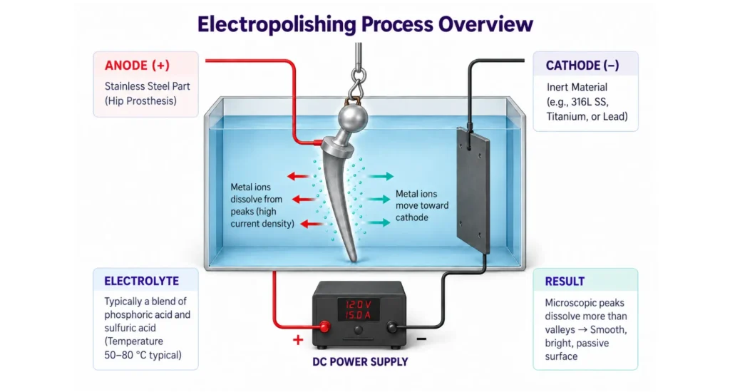 Diagram of an electropolishing cell showing the part as anode in acid electrolyte with metal removed from surface peaks