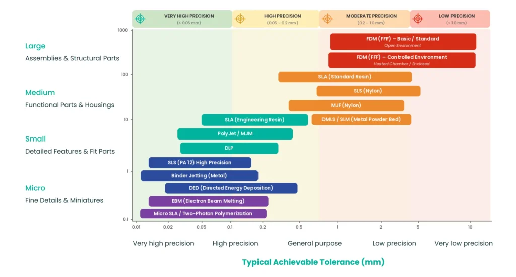 3D printing tolerance comparison chart of achievable tolerances by process, from micro SLA and EBM to FDM