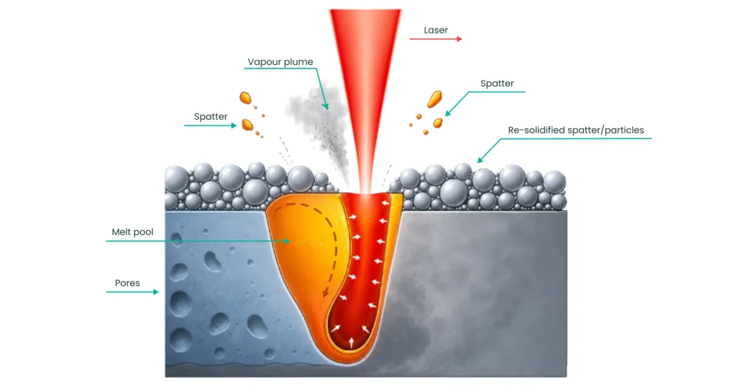 Metal powder bed fusion melt pool diagram showing spatter, vapour plume and pores that reduce 3D printing accuracy