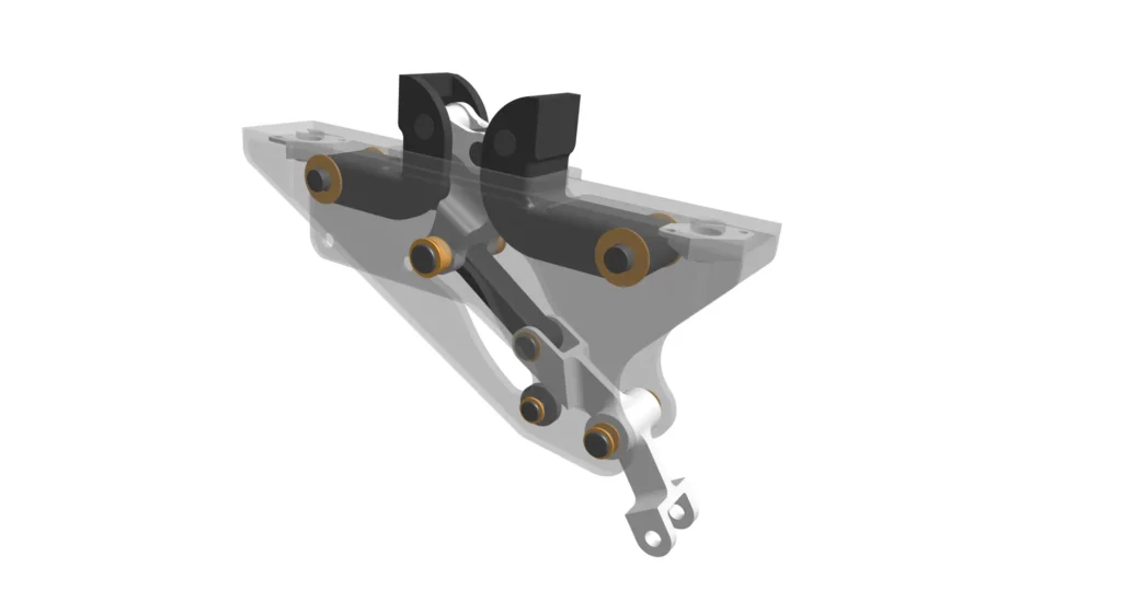 CAD assembly view of an anodized aluminum bracket with bearing bores, bushings and mating hardware installed