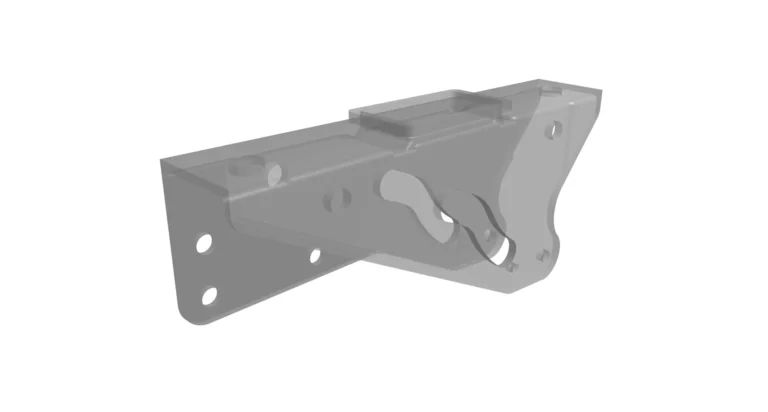 Transparent CAD model of a machined aluminum bracket with precision holes and pockets slated for anodizing