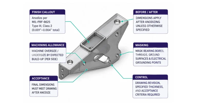 Engineering drawing callouts for anodizing per MIL-PRF-8625 covering machining allowance, masking, acceptance and control