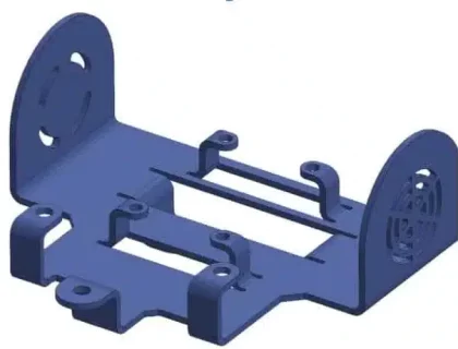 3D model of a flat, rectangular mounting bracket with raised side walls, circular vents, and multiple attachment points.
