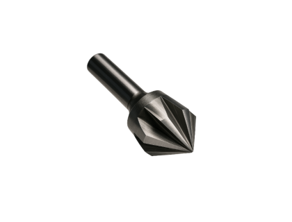 A metal countersink drill bit with a conical, multi-fluted cutting head and a cylindrical shank, isolated on a white background.