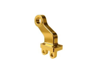 A gold-colored metal mechanical bracket with a circular hole at the top and two mounting holes at the base, isolated on a white background.