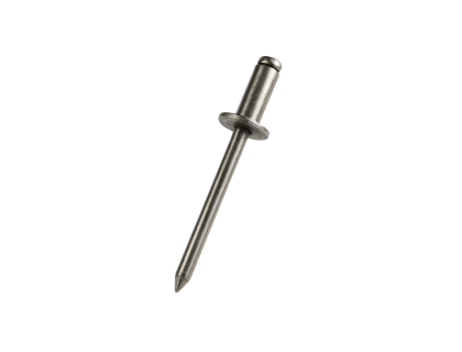 A single metal pop rivet isolated on a white background.