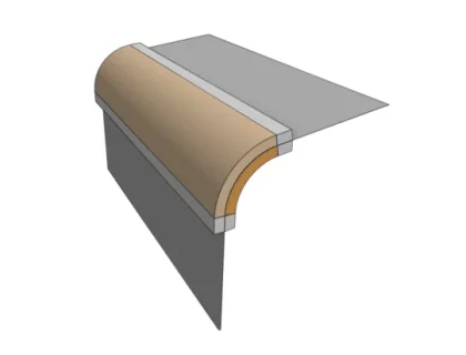 Diagram of a countertop with a rounded bullnose edge, showing a cross-section with different materials layered.